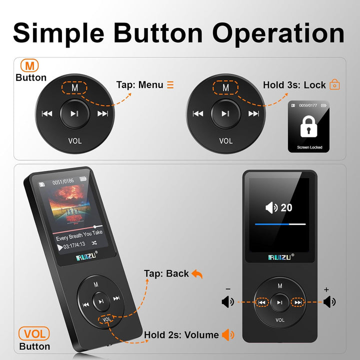 RUIZU MP3 Player 64GB Bluetooth 5.3 mit Tastensteuerung Schwarz, Schwarz