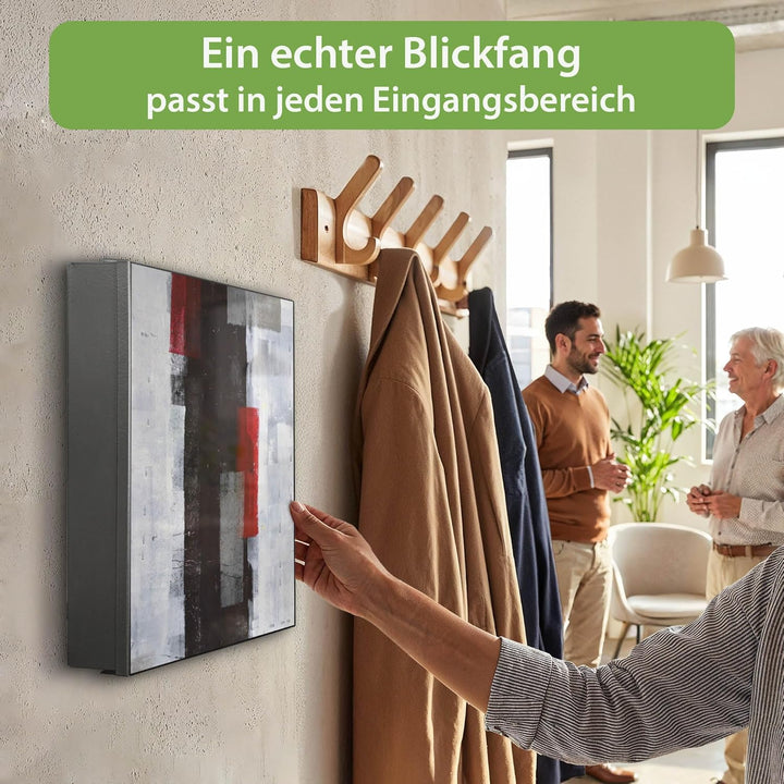 banjado® Grosser Schlüsselkasten Glas/Schlüsselbox 30cm x 30cm mit 50 Haken - Motiv Abstrakt Rot/Sch