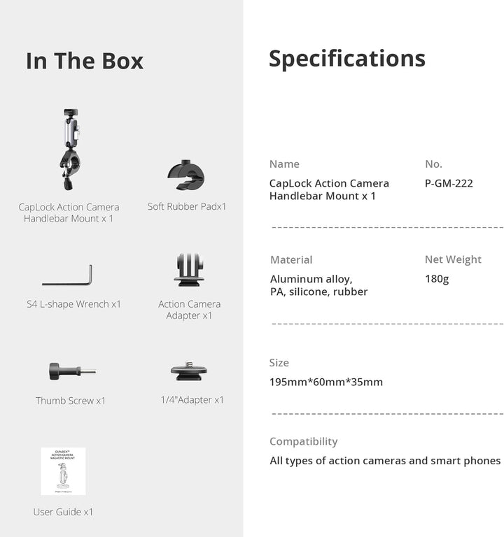 PGYTECH CapLock Fahrradlenkerhalterung für DJI OSMO Action 4/3/2, GoPro 12/11/10/9, OSMO Pocket 3/2,