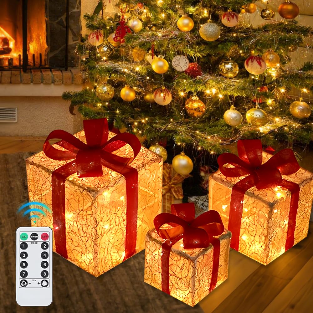 Mineup 3PCS LED Geschenkboxen, Weihnachtsdeko Mit Timer, 8 Modi Weihnachts Dekoboxen, Beleuchte Weih