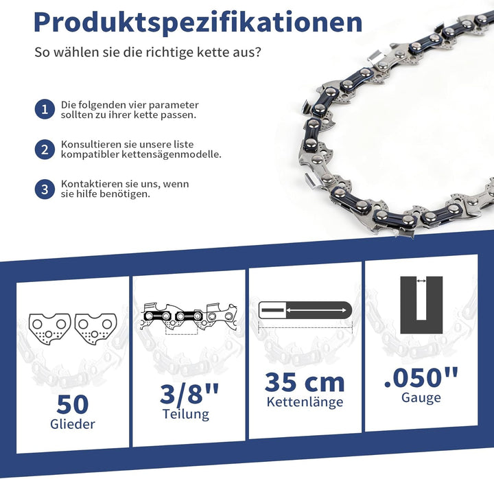 3er-Pack Sägekette 35cm (14 in) 3/8" LP 1.3mm 50 TG Kettensäge Kette für Elektro, Sägekette Kompatib