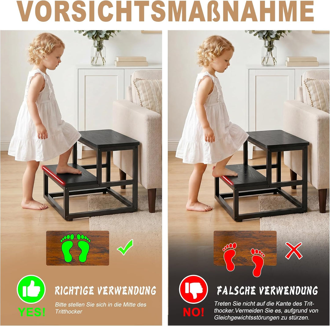 ROTTOGOON Tritthocker 2 Stufen für Erwachsene Kinder, Anti-Rutsch Tritthocker Holz Metallrahmen mit