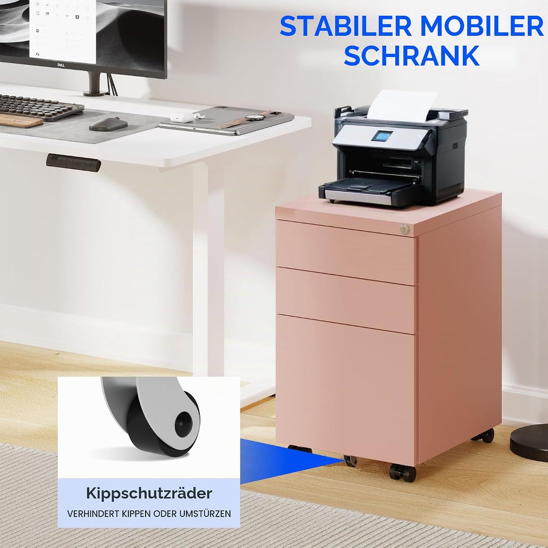 FLEXISPOT Rollcontainer kleiner Schrank mit 3 Schubladen, mobiler Aktenschrank mit Rollen, abschlies