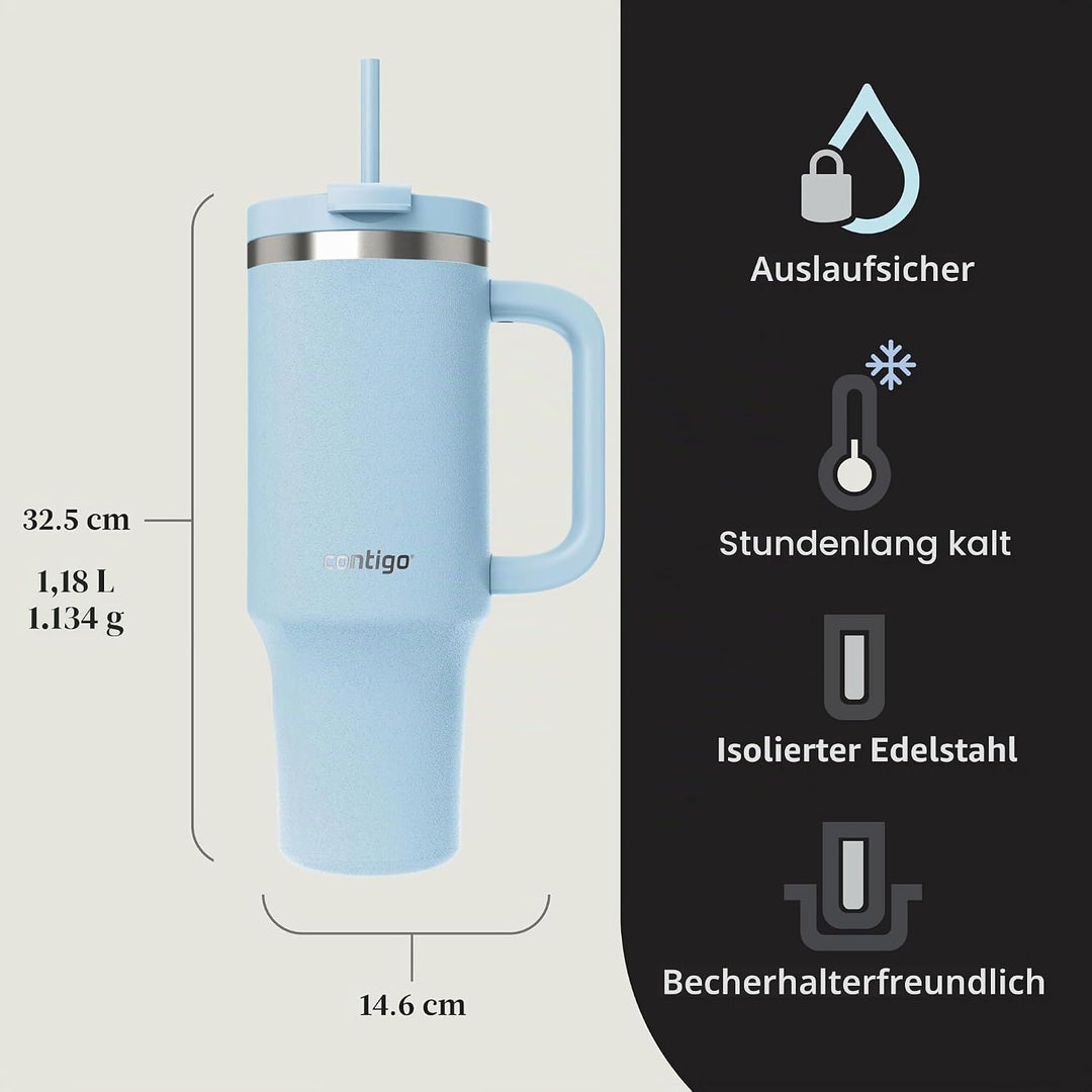 Contigo Thermosflasche 1200 ml mit Henkel und Strohhalm | Isolierte Thermo-Trinkflasche aus Edelstah