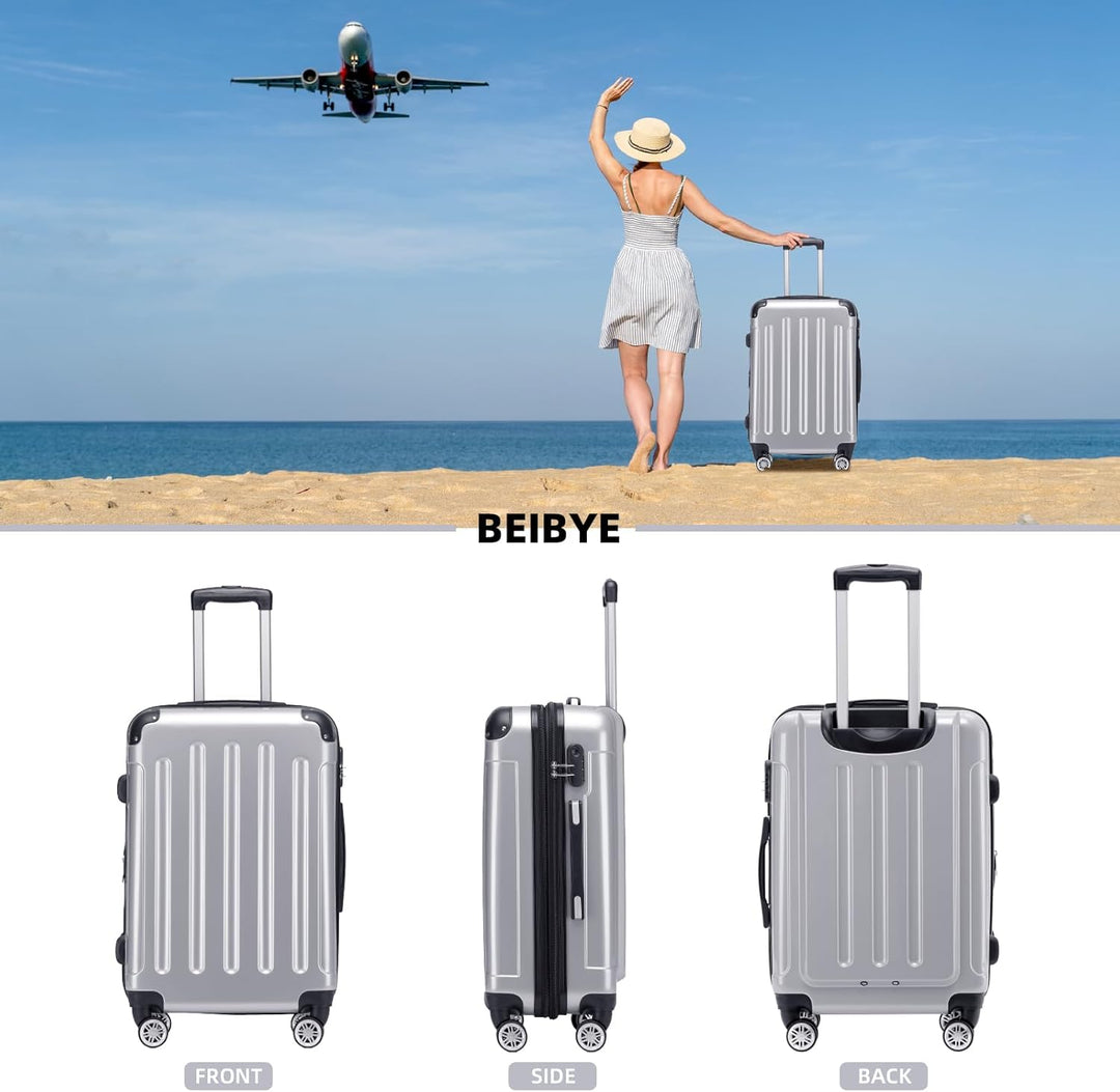 BEIBYE Hartschalen Koffer Trolley Rollkoffer Reisekoffer 4 Zwillingsrollen Polycabonat (Silber, 66cm
