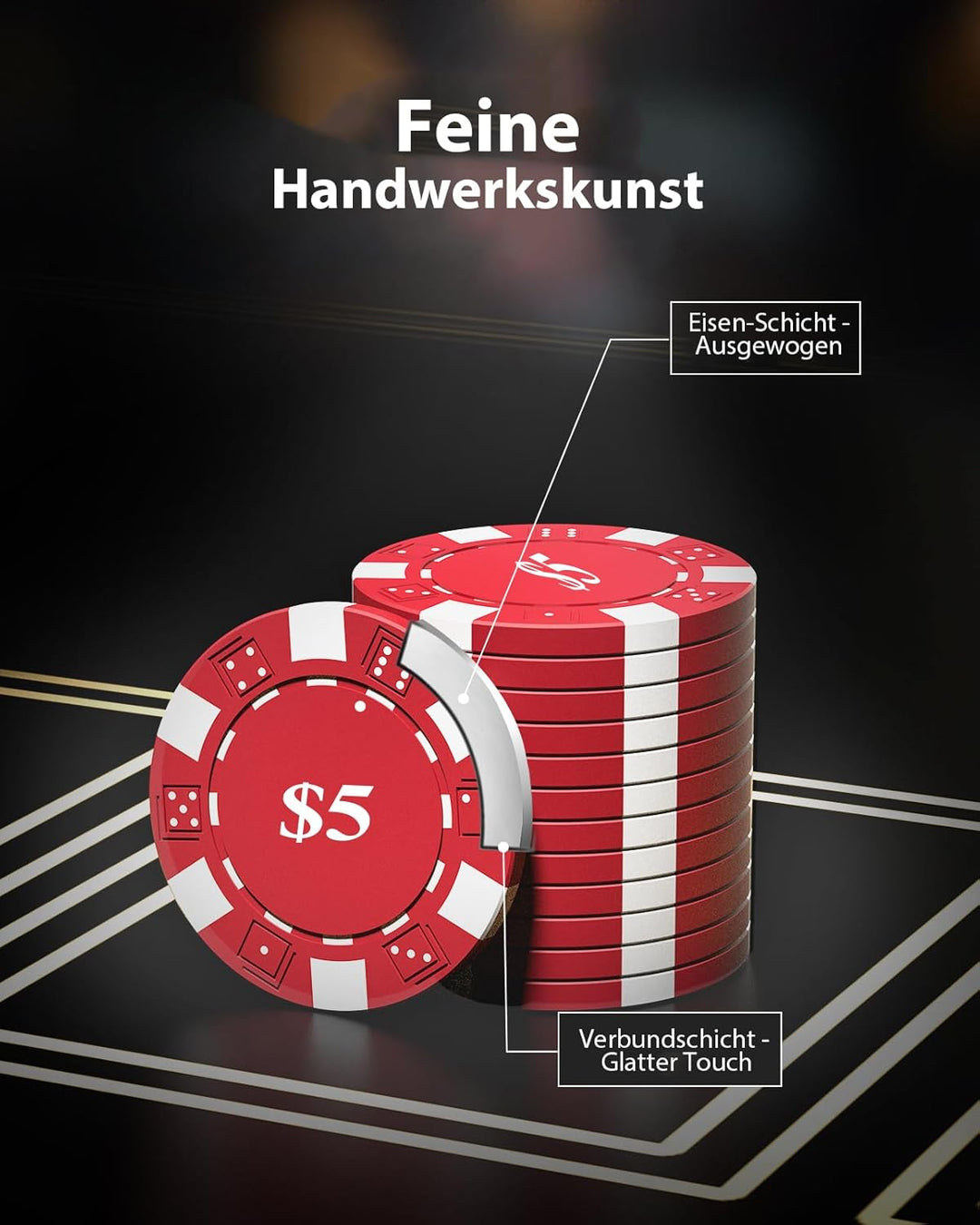 Pokerchips Set 600 Stück mit Zahlen, Aluminiumkoffer, 11,5g Eisenkern Chips, 2 Spielkarten, 5 Wertst
