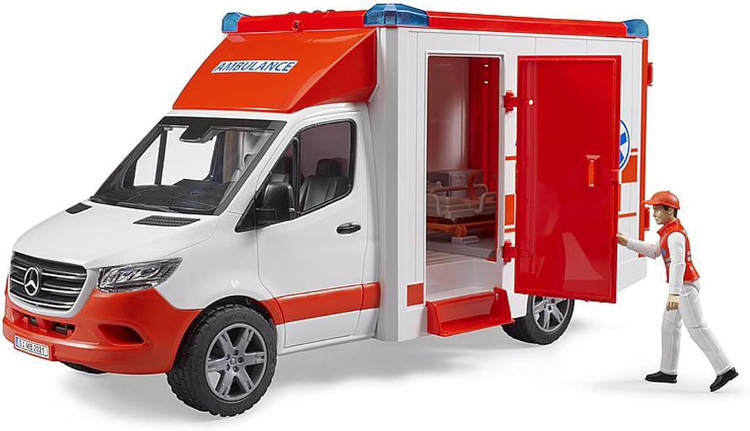 bruder 02676 - Mercedes-Benz Sprinter Ambulanz integriertes Light & Sound Modul Krankentrage Fahrer