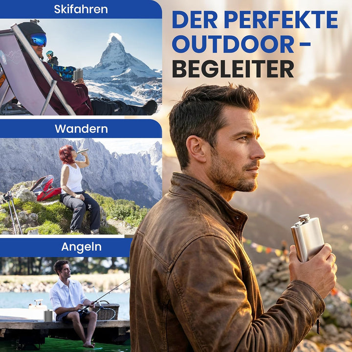 Oramics Flachmann Set 7-tlg. inkl. TRICHTER & BECHER – Edelstahl Taschenflasche gebürstet – Edles Mä