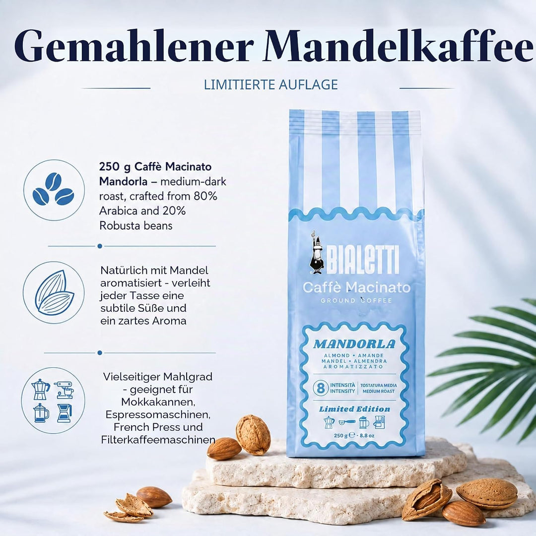Bialetti Espressokocher Express aus Aluminium, 3 Tassen, türkis, mit gemahlenem Mandelkaffee, 250 g,