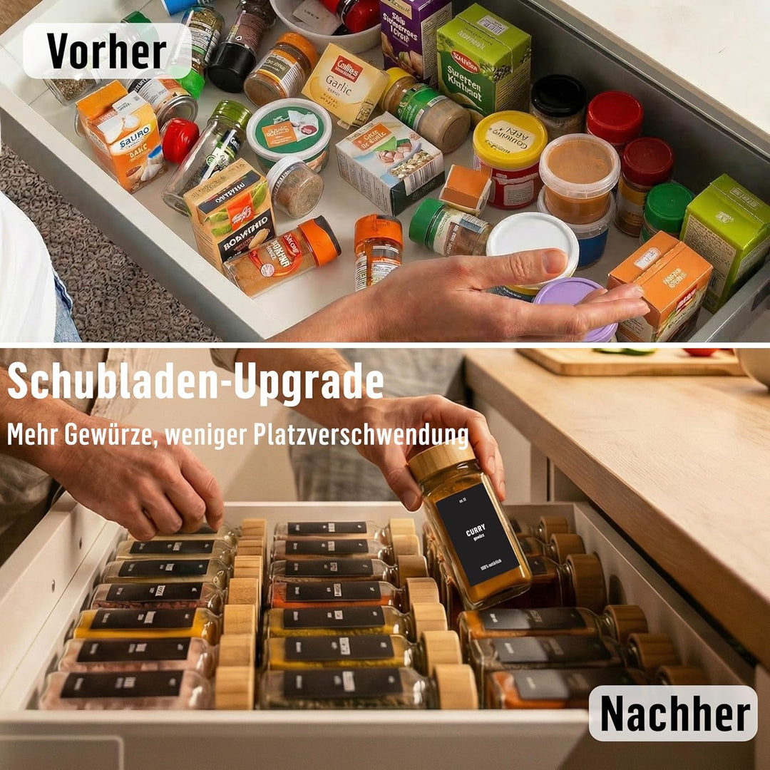 Deco Haus® Gewürzgläser eckig mit Holzdeckel 24er Set [+ Etiketten & Streueinsatz] - Gewürzdosen Set