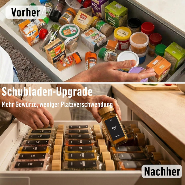 Deco Haus® Gewürzgläser eckig mit Holzdeckel 24er Set [+ Etiketten & Streueinsatz] - Gewürzdosen Set