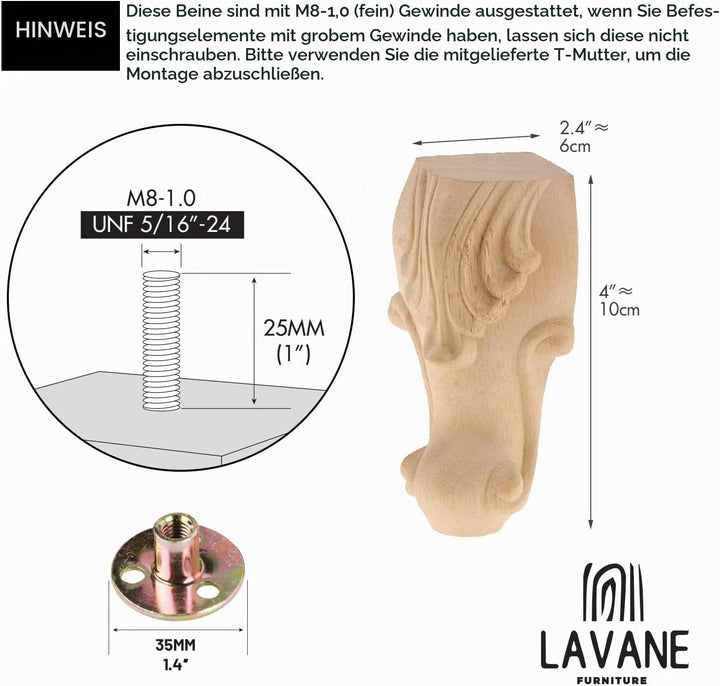 La Vane 4 Stück Massivholz Möbelfüsse 10cm (4 Zoll) - Europäischer Stil Handgeschnitzte Tischbeine,