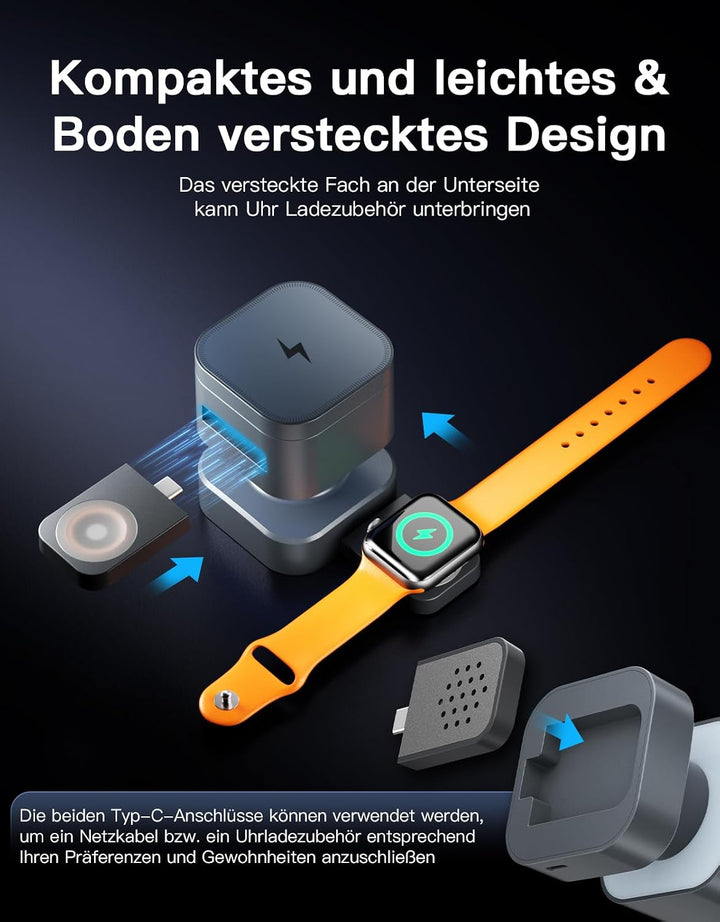 3-in-1 Kabellose Ladestation, Drehbar &amp; Einziehbar mit Nachtlicht, Kompatibel mit iPhone 17/16/15/14
