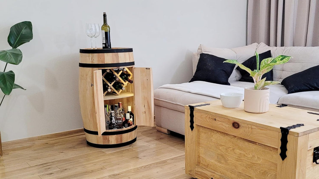 weeco Fassbar LED mit Tür und Weinhalter - Weinregal. Fass Hausbar Weinrack 80x50cm. Rustikaler deko