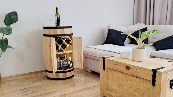 weeco Fassbar LED mit Tür und Weinhalter - Weinregal. Fass Hausbar Weinrack 80x50cm. Rustikaler deko