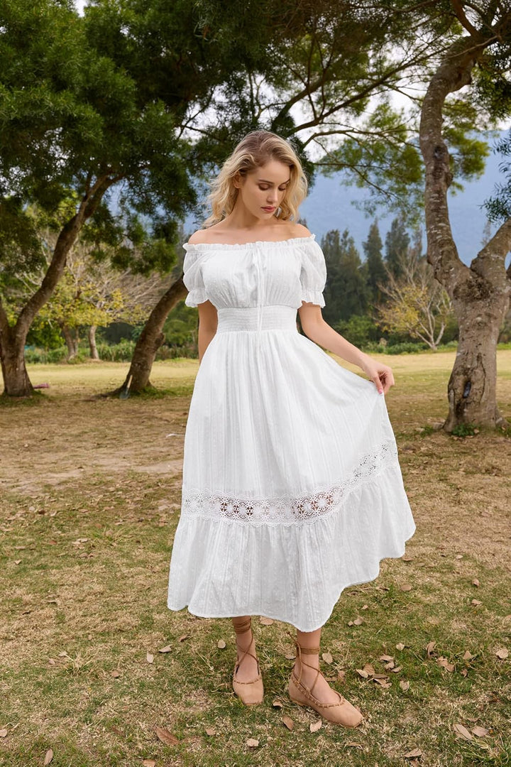 SCARLET DARKNESS Damen Renaissance Kleider Schulterfrei Puffärmel Gesmokte Taille Baumwollkleid M Be