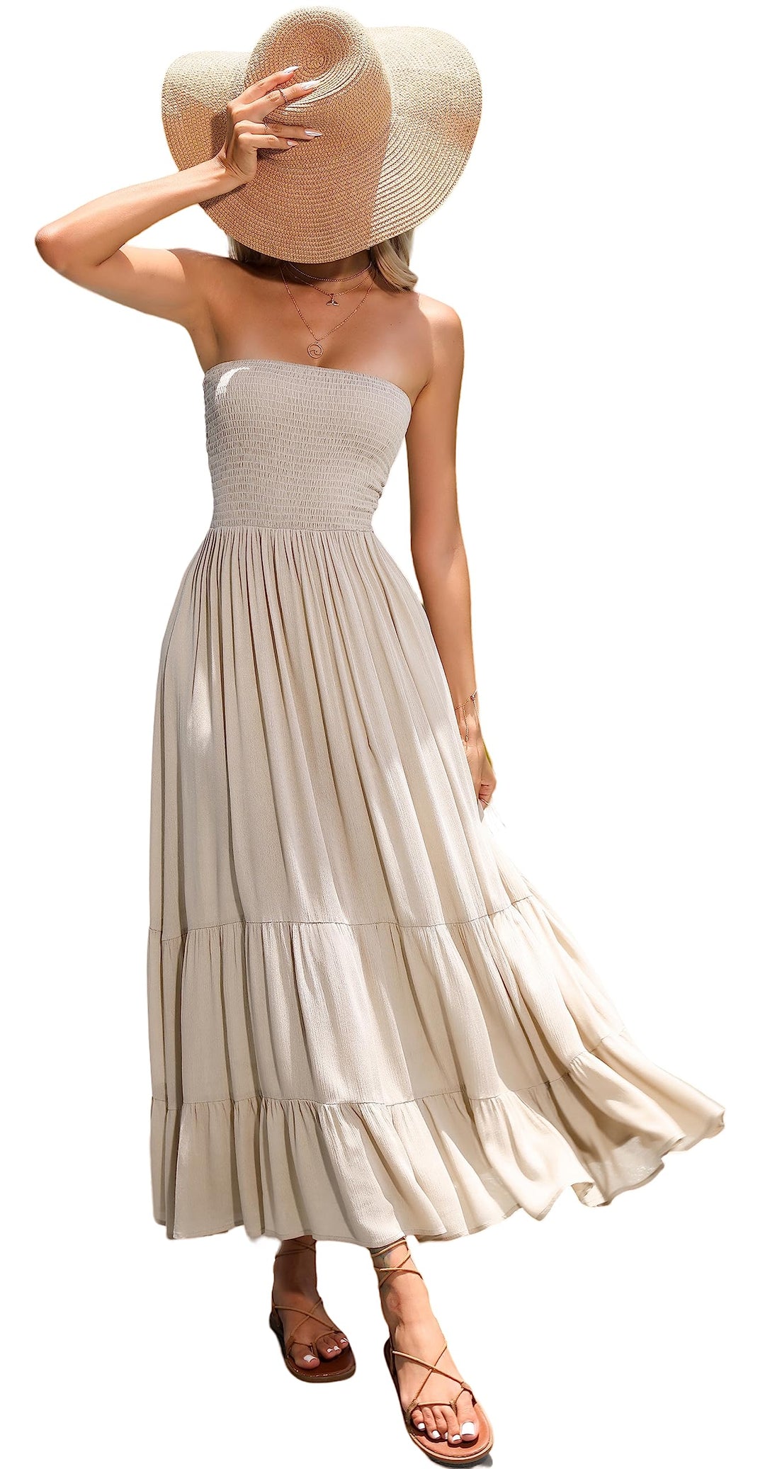 R.Vivimos Sommer Boho Trägerloses Bandeau Shirred Rüschen Tube A Linie Maxikleid S Khaki#2, S Khaki#