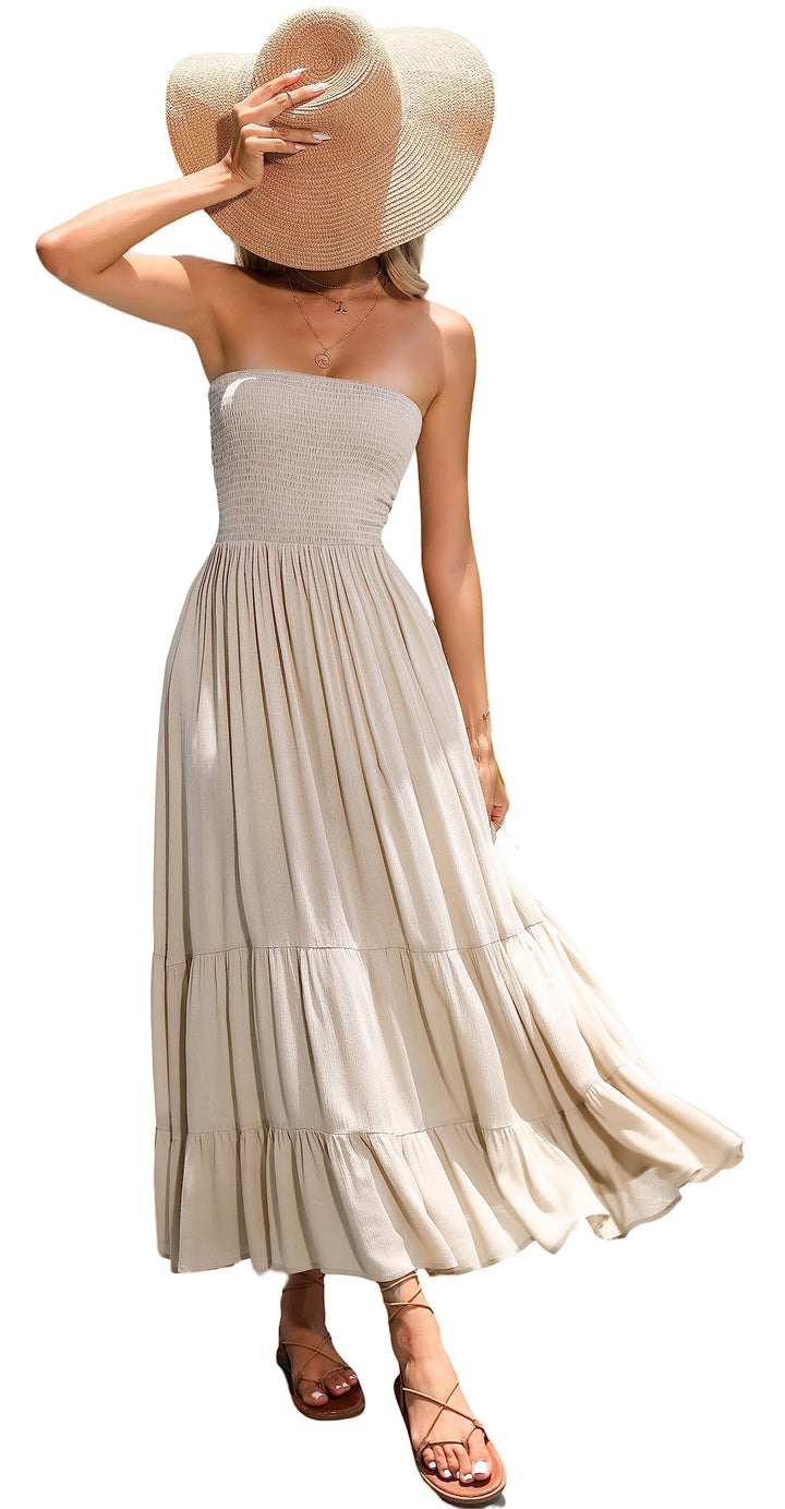 R.Vivimos Sommer Boho Trägerloses Bandeau Shirred Rüschen Tube A Linie Maxikleid S Khaki#2, S Khaki#