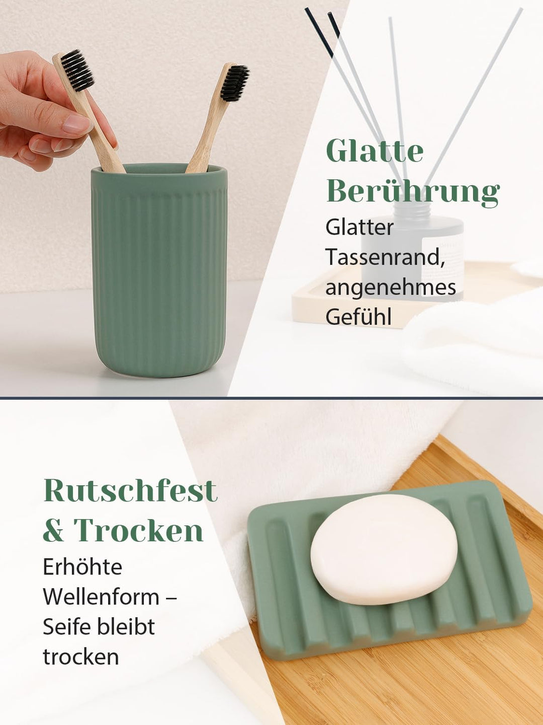 Badezimmer Set Grün, 4-teilig Keramik Bad Zubehör - 350 ml Seifenspender, Zahnputzbecher, Seifenscha