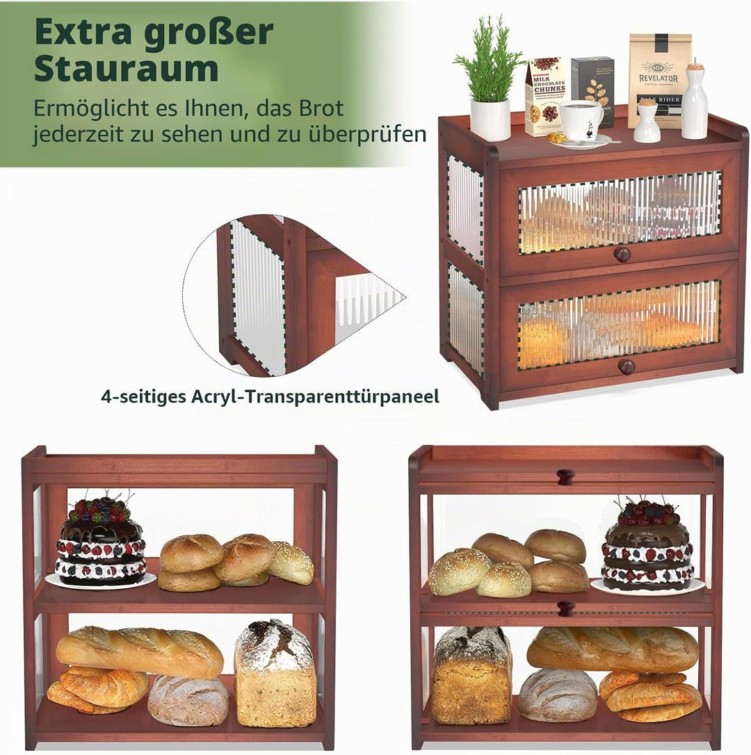 BAMBANG Extragross Bambus Brotkasten für Küchentheke, 2 Stufe Bauernhaus Brotbox, Holz Brotkasten Br