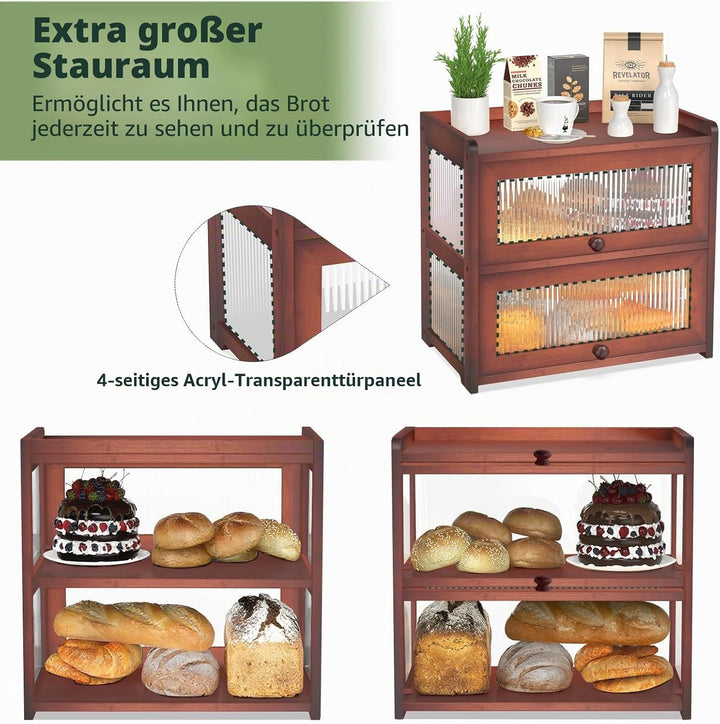 BAMBANG Extragross Bambus Brotkasten für Küchentheke, 2 Stufe Bauernhaus Brotbox, Holz Brotkasten Br