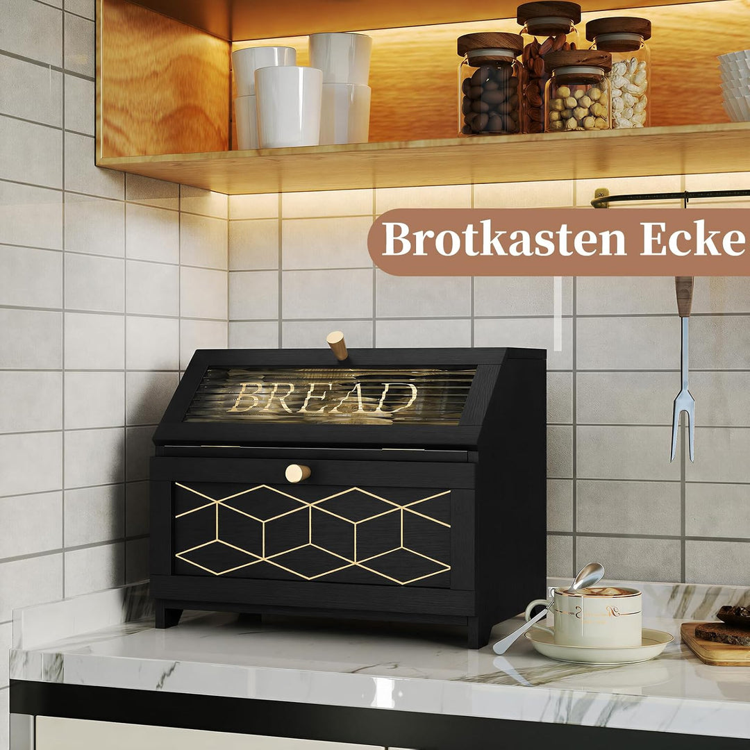 Brotkasten Holz, 2 Etagen Brot Aufbewahrungsbox, Gross Brotkasten Schwarz Mit Transparentem Fenster