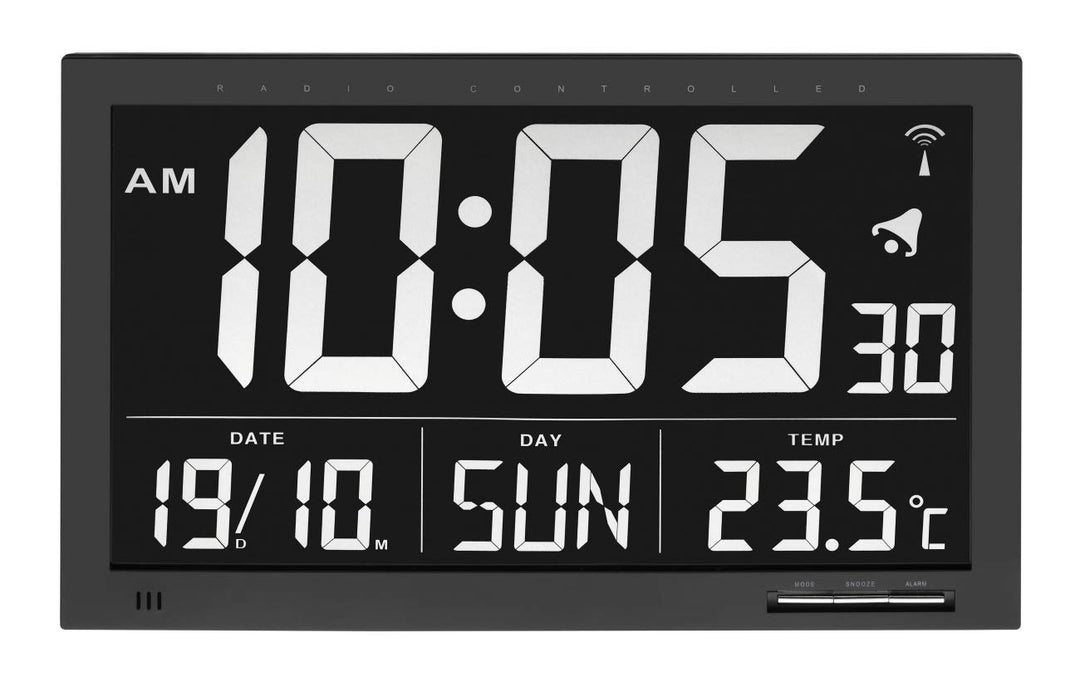 TFA Dostmann Digitale XL Funkuhr, Wanduhr,60.4505, mit Temperatur, 24h Anzeige, gross, schwarz, L 36