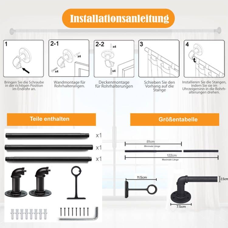 1 Zoll Industrielle Gardinenstange, Gardinenstangen für Fenster 81cm bis 122cm, Gardinenstangen, Out