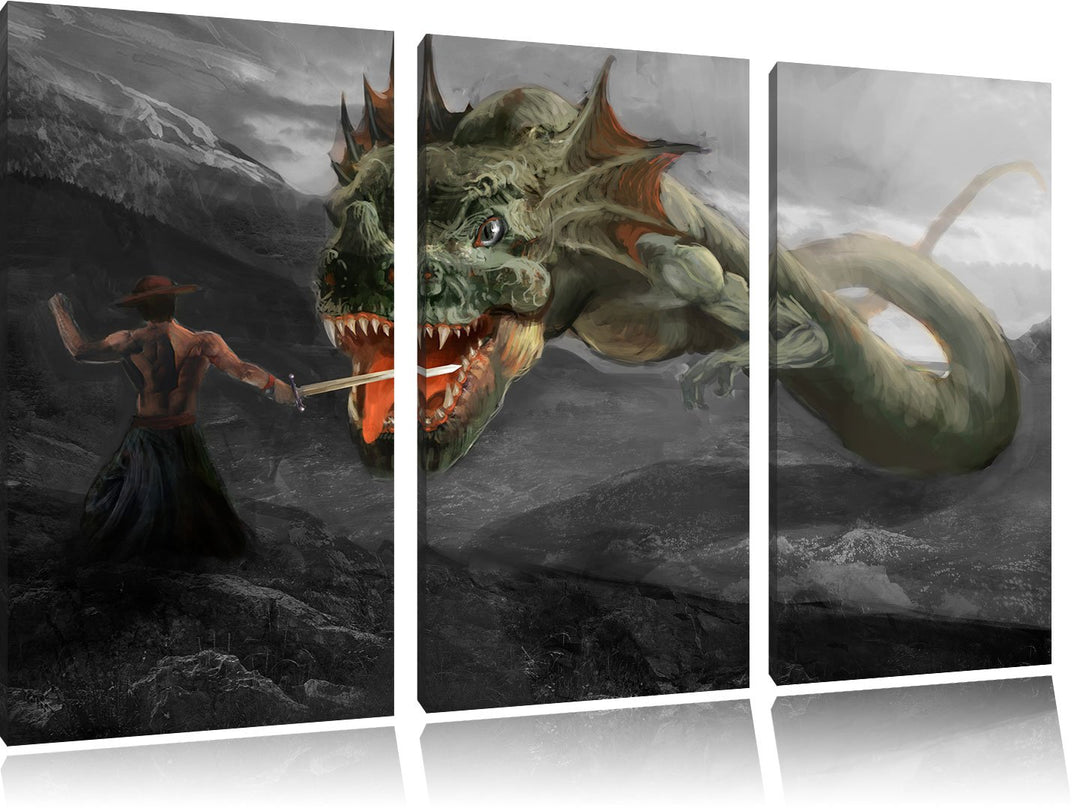 Pixxprint Drache kämpft gegen Krieger als Leinwandbild/Grösse: 3 Teilig (120x80) cm/Wandbild/Kunstdr