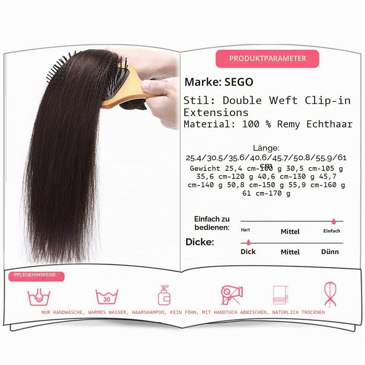 SEGO Clip in Extensions Echthaar Haarverlängerung Haarteil Doppelt 8 Teile hitzebeständig glatt Dunk