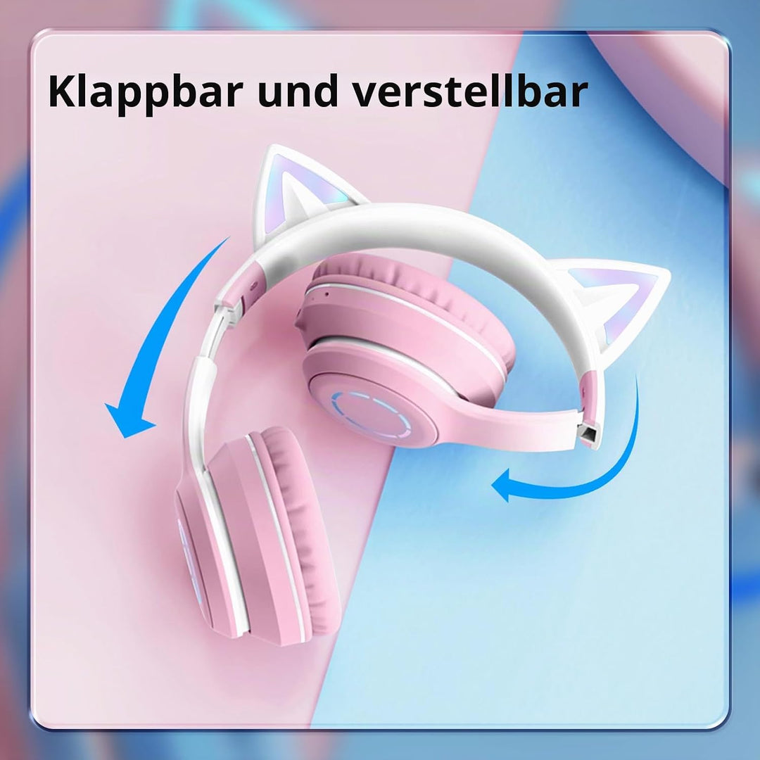 OHAANYY Katzenohr Kopfhörer Kindergeburtstag Geschenke Kind LED Katzenohren Farbgradient Kabellose B