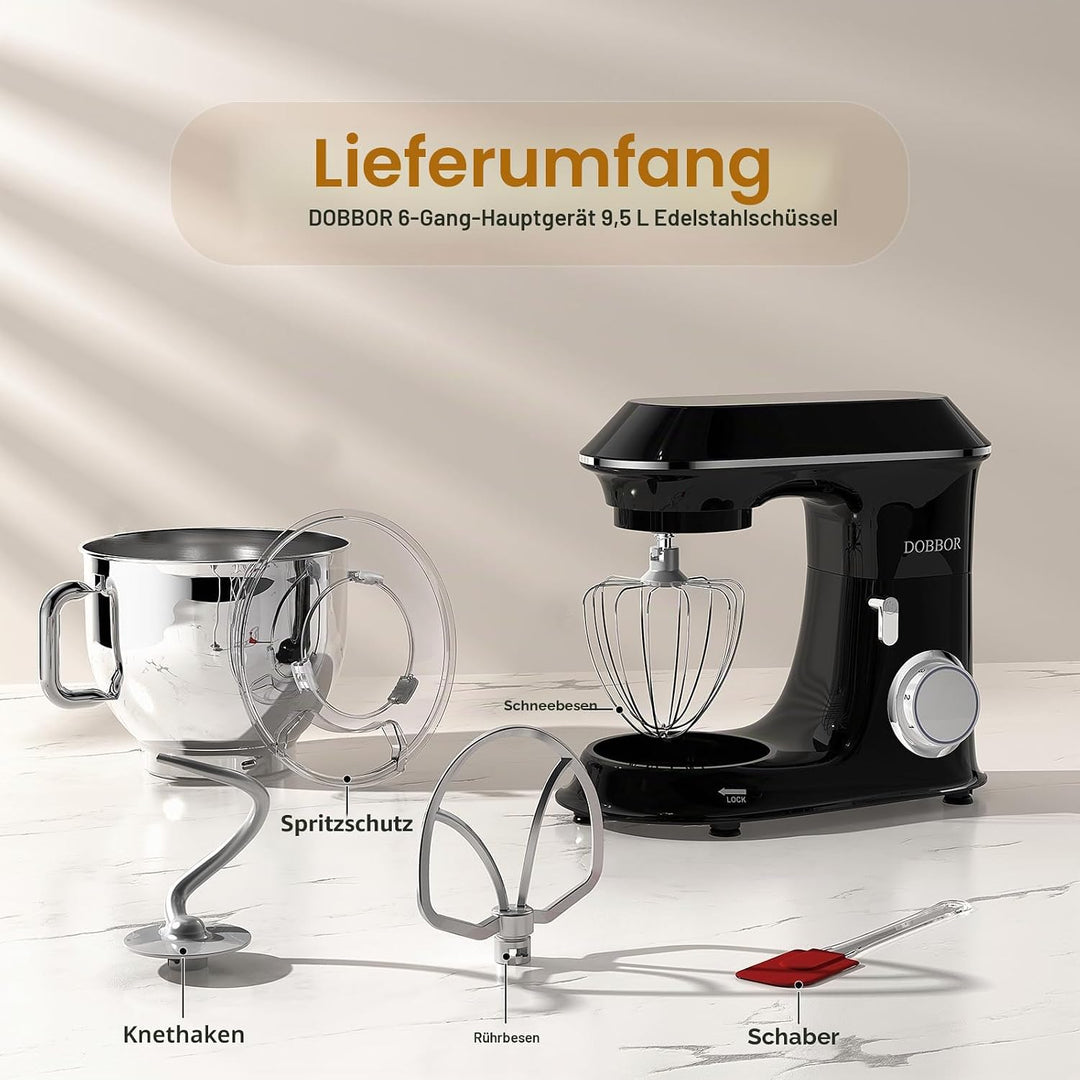 9.5L Küchenmaschine Knetmaschine 1500W, DOBBOR Rührmaschine mit Rührbesen, Knethaken, Schlagbesen, S