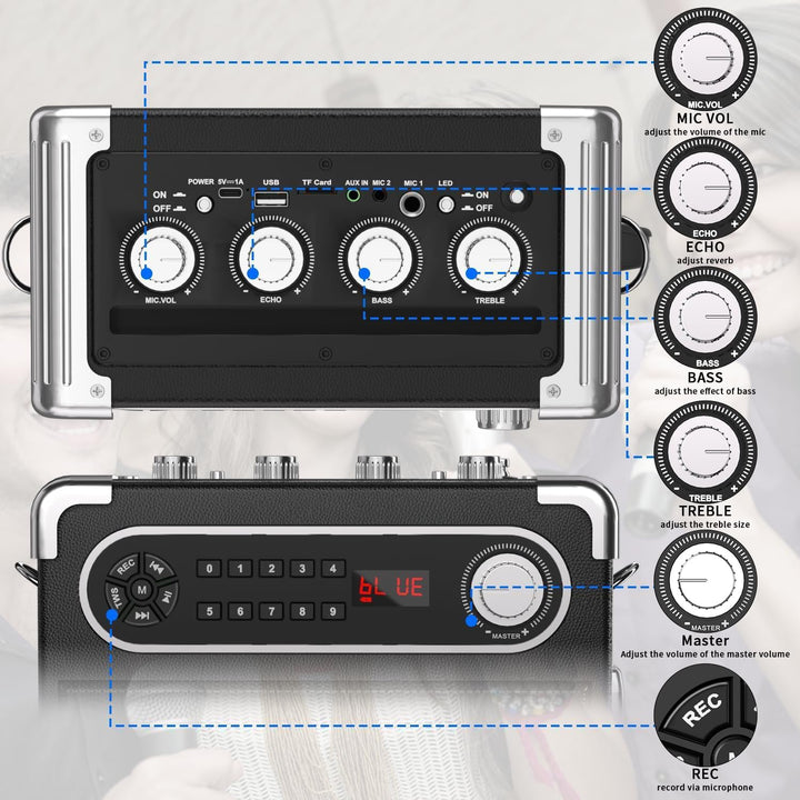 Karaoke Anlage mit 2 Mikrofonen, Tragbarer Kabelloser Lautsprecher Party Musik Box mit LED-Leuchten,