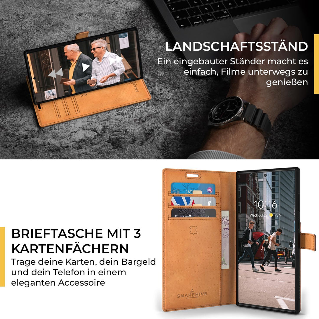 Snakehive Galaxy S22 Ultra 5G Hülle Leder | Stylische Handyhülle mit Kartenhalter & Standfuss | Hand