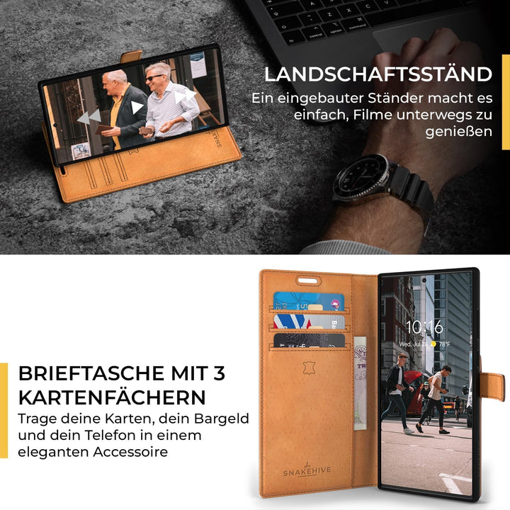 Snakehive Galaxy S22 Ultra 5G Hülle Leder | Stylische Handyhülle mit Kartenhalter & Standfuss | Hand