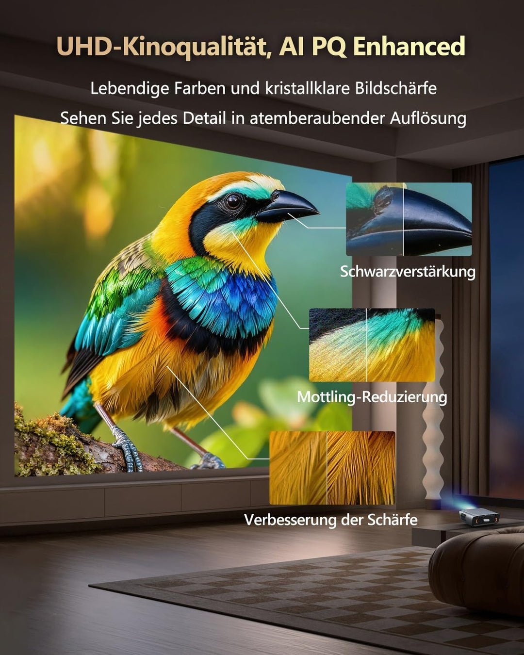 Smart 4K Beamer mit Zertifizierten Apps DB Audio,TOF Autofokus 2400 ANSI Projektor Tageslicht 4K HDR