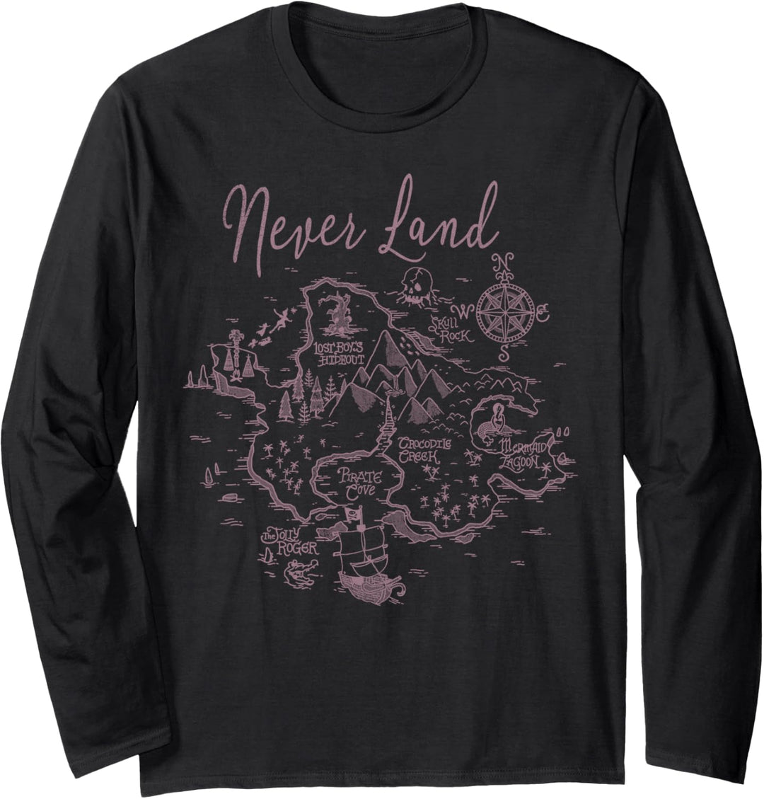 Disney Peter Pan Never Land Drawn Vintage Map Langarmshirt