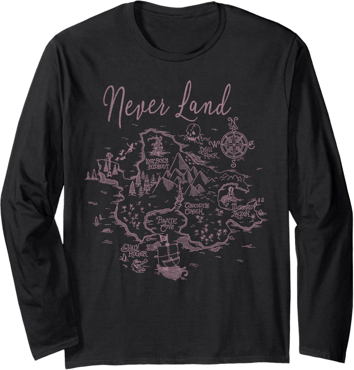 Disney Peter Pan Never Land Drawn Vintage Map Langarmshirt