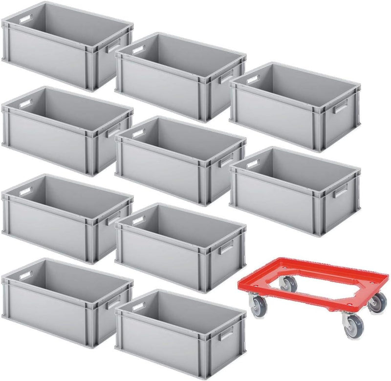 10er SPAR-Set Euro-Behälter PLUS GRATIS Transportroller, 600x400x220 mm Industriequalität lebensmitt