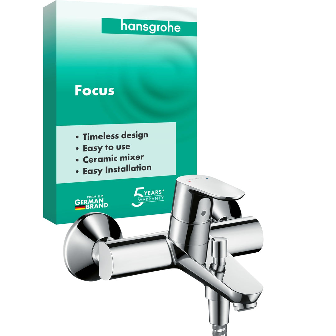 hansgrohe Focus - Badewannenarmatur Aufputz für 2 Verbraucher, Mischbatterie Badewanne mit Auslauf L