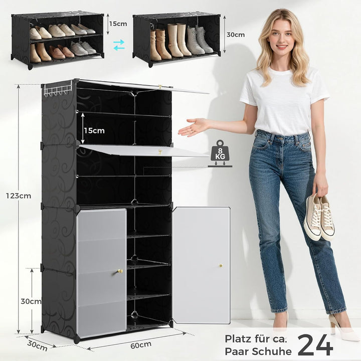 Mondeer Schuhregal, Schuhschrank 8 Ebenen mit Türen, Kunststoff Aufbewahrungsschrank mit Verstellbar