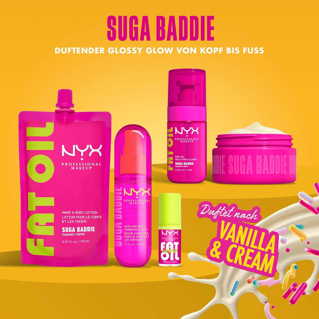 NYX Professional Makeup Fat Oil Körperöl, Suga Baddie, 70 ml, 24H Hydration, glänzendes Finish