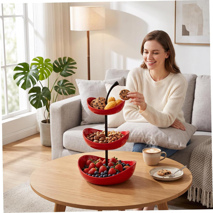 Obstkorbständer, 3-stöckig, kirschförmige Obstschale mit Griff, rot Red, Red