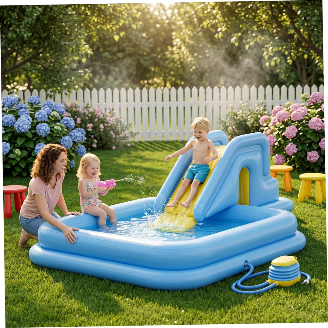 Aufblasbare Poolrutsche, hellblaue Schwimmbadrutsche mit Fusspumpe – einfache Einrichtung und Lageru