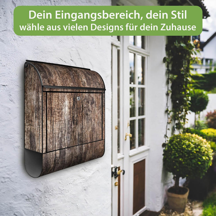 banjado® Design Briefkasten mit Motiv Altes Holz 39x47x14cm &amp; 2 Schlüssel - Briefkasten Stahl schwar