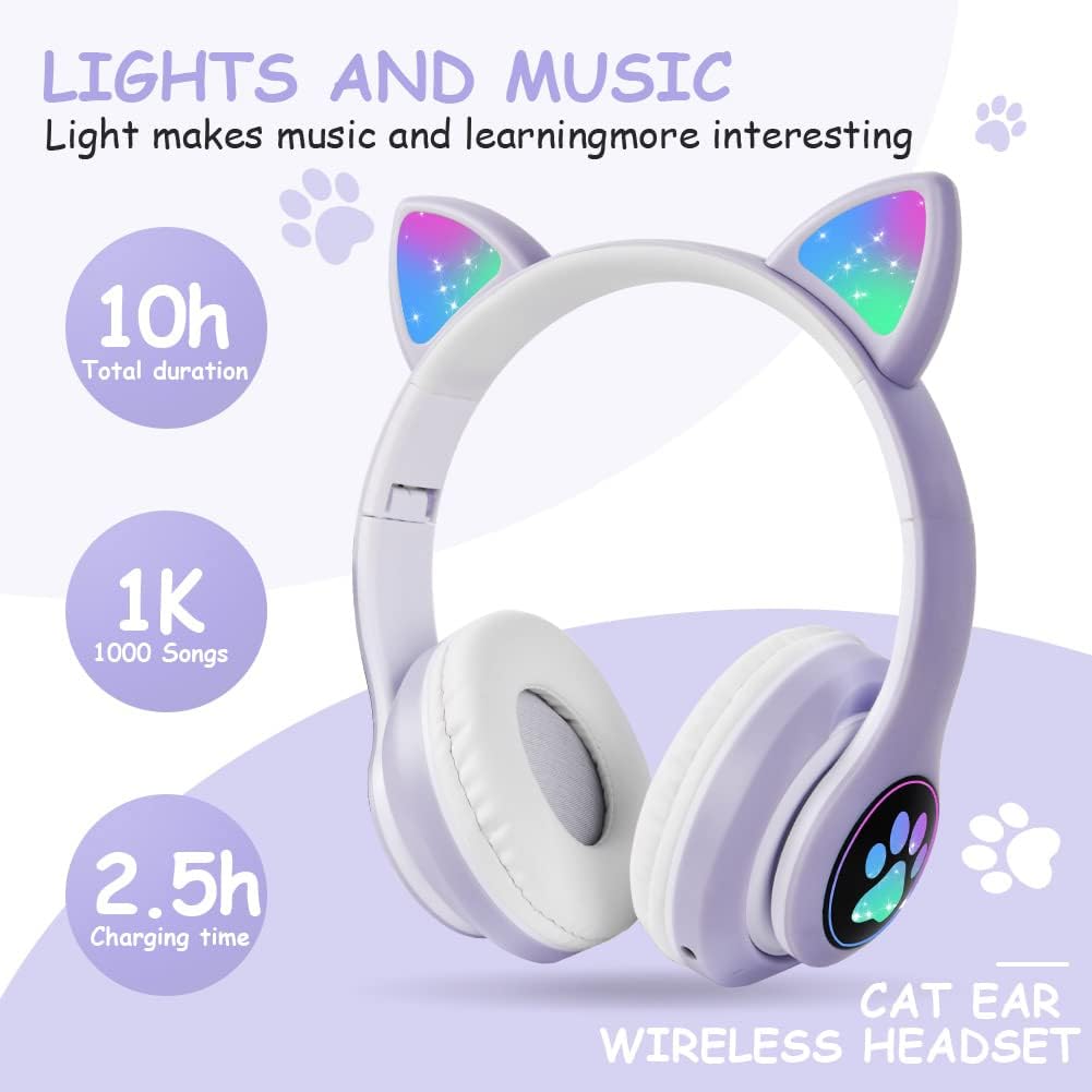 AXFEE Kinderkopfhörer Bluetooth, Katzenohr Over-Ear mit LED-Licht, Faltbar, Stereo, Kabellos mit Mik