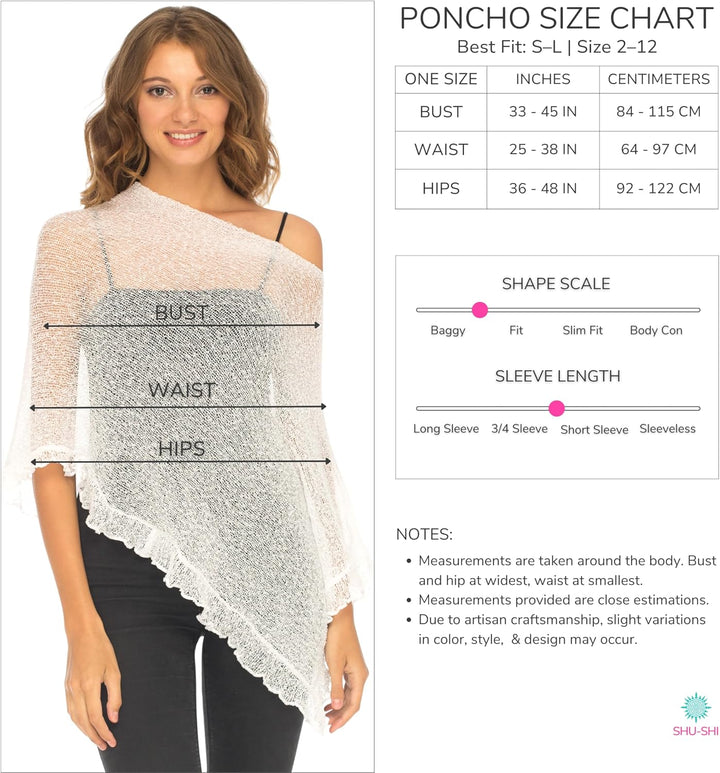 SHU-SHI - Damen Poncho-Top mit Rüschen - transparent - leichtes Strickmaterial Weiss, Weiss