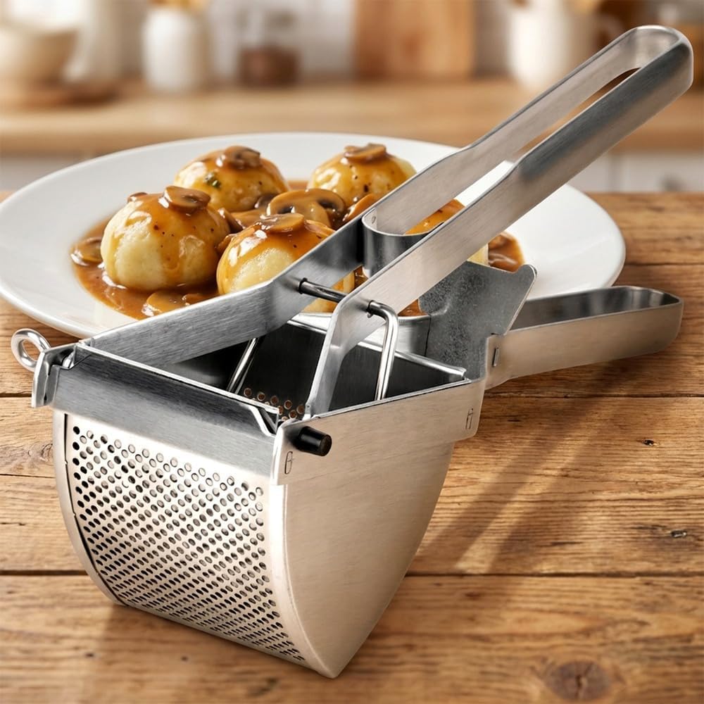 Vilde Kartoffelpresse Edelstahl 30 cm Silber Spätzlepresse Gemüsepresse für Püree Klösse Gnocchi Obs