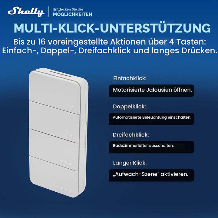 Shelly BLU RC Button 4 ZB - Bluetooth &amp; Zigbee Smart Fernbedienung mit vier Tasten, Mehrfachklicks,