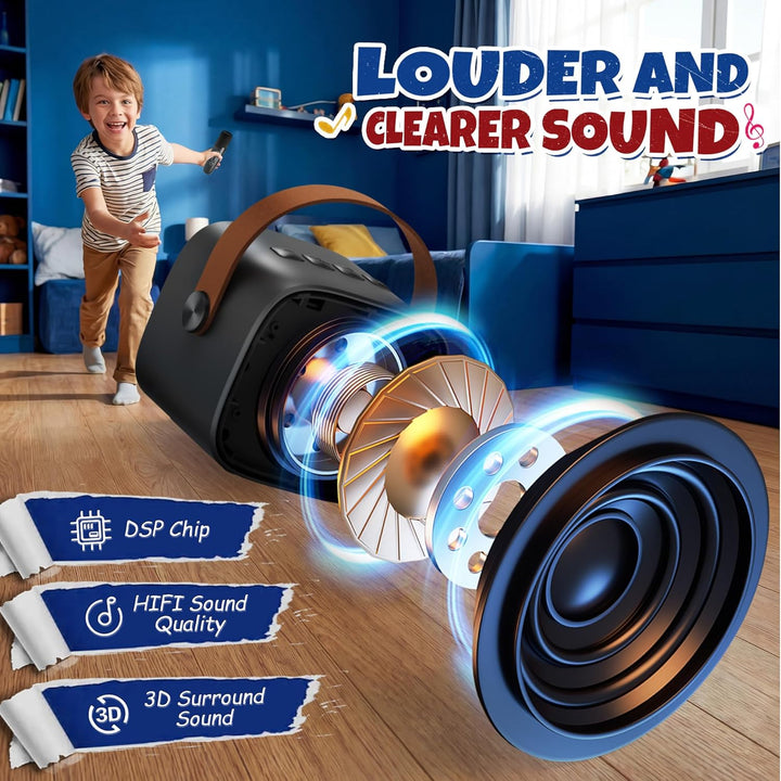 YLL Mini-Karaoke-Maschine für Kinder, tragbarer Bluetooth-Lautsprecher mit 2 kabellosen Mikrofonen,
